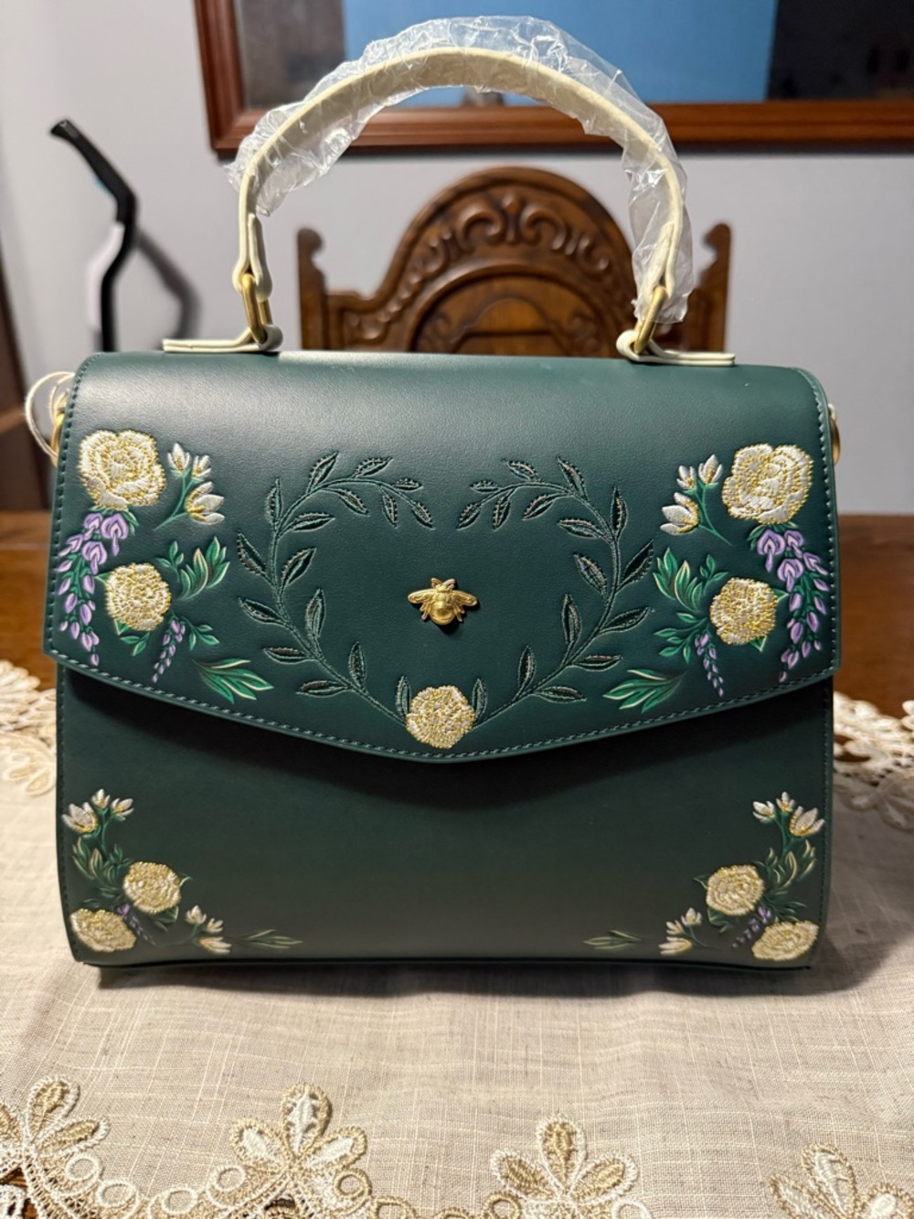 Loungefly Bridgerton Dark Green Floral Embroidered Top-Handle Satchel - Picture 2 of 6